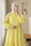 Kolu Lastikli Yarım Düğmeli Jakar Baskılı Parçalı Elbise -Sarı-Elbise-398-3016-R22