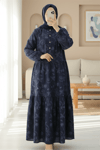 Kolu Lastikli Yarım Düğmeli Jakar Baskılı Parçalı Elbise -Laci-Elbise-398-3016-R03