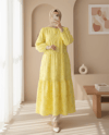 Kolu Lastikli Yarım Düğmeli Jakar Baskılı Parçalı Elbise -Sarı-Elbise-398-3016-R22