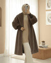 Kolu Ribanalı Şal Yaka Astarlı Kaşe Kaban     -Toprak-Kaban-111-50734-R55