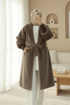 Kolu Ribanalı Şal Yaka Astarlı Kaşe Kaban     -Toprak-Kaban-111-50734-R55
