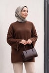 Kolu Saç Örgülü Bisiklet Yaka Sakallı Triko Tunik -Kahverengi