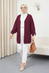 Kolu Saç Örgülü Salaş Triko Hırka -Bordo-Hırka-295-03434-R04
