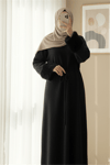 Kolu Tüylu Beli Bağlamalı Uzun Selanik Elbise -Siyah-Elbise-253-13130-R01
