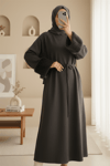 Kolu Tüylu Beli Bağlamalı Uzun Selanik Elbise -Kahve-Elbise-253-13130-R15