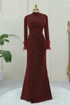 Kolu Tüylü Önü Çift Kuyruklu Abiye -Bordo-Abiye-316-4696-R04