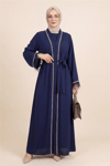 Kolu Tüylü Sıralı Taş Detaylı Kemerli Abaya  -Laci-Abaya-316-4848-R03