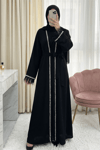 Kolu Tüylü Sıralı Taş Detaylı Kemerli Abaya -Siyah-Abaya-316-4848-R01