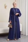 Kolu Tüylü Sıralı Taş Detaylı Kemerli Abaya  -Laci-Abaya-316-4848-R03