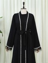 Kolu Tüylü Sıralı Taş Detaylı Kemerli Abaya -Siyah-Abaya-316-4848-R01