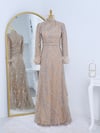 Kolu Tüylü Yapıştırma Simli Tül Abiye -Bej-Tül Abiye-314-2306-R56