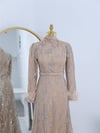 Kolu Tüylü Yapıştırma Simli Tül Abiye -Bej-Tül Abiye-314-2306-R56