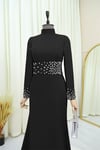 Korse Kemerli Taşlı Saten Abiye  -Siyah-Abiye-316-4640-R01