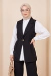 Kruvaze Yaka Beli Lastikli Yelek Pantolon Modal Takım -Siyah-Takım-398-22024-R01