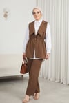 Kruvaze Yaka Beli Lastikli Yelek Pantolon Modal Takım -Kahve-Takım-398-22024-R15
