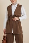 Kruvaze Yaka Beli Lastikli Yelek Pantolon Modal Takım -Kahve-Takım-398-22024-R15