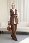 Kruvaze Yaka Beli Lastikli Yelek Pantolon Modal Takım -Kahve-Takım-398-22024-R15