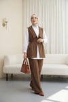 Kruvaze Yaka Beli Lastikli Yelek Pantolon Modal Takım -Kahve-Takım-398-22024-R15