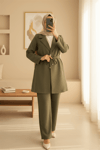 Kruvaze Yaka Çift Bağcıklı Ceket Pantolon Takım -Haki-Takım-386-6222-R05