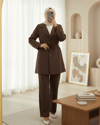 Kruvaze Yaka Çift Bağcıklı Ceket Pantolon Takım -Kahve-Takım-386-6222-R15