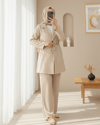 Kruvaze Yaka Çift Bağcıklı Ceket Pantolon Takım -Bej-Takım-386-6222-R56