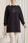 Kuş Desenli Taşlı Oysho Tunik  -Siyah-Sweatshirt-104-1420-R01