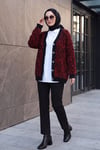 Leopar Desen Düğmeli Oversize Sakallı Triko Hırka -Kırmızı