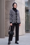 Leopar Desen Düğmeli Oversize Sakallı Triko Hırka -Siyah