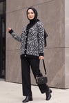 Leopar Desen Düğmeli Oversize Sakallı Triko Hırka -Siyah