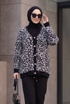 Leopar Desen Düğmeli Oversize Sakallı Triko Hırka -Siyah
