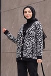 Leopar Desen Düğmeli Oversize Sakallı Triko Hırka -Siyah