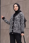 Leopar Desen Düğmeli Oversize Sakallı Triko Hırka -Siyah