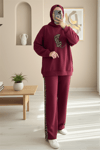 Leopar Figürlü Ve Desenli Pantolonlu Scuba Takım  -Bordo-Takım-349-6002-R04
