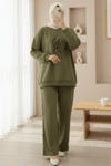 Leopar Figürlü Ve Desenli Pantolonlu Scuba Takım  -Zeytin-Takım-349-6002-R59