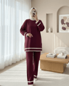 Manşetleri Şeritli İkili Triko Takım   -Bordo-Takım-384-317-R04