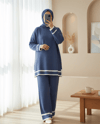 Manşetleri Şeritli İkili Triko Takım  -İndigo-Takım-384-317-R21