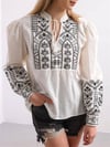Bluz-Manşetli Nakış İşlemeli Bağcık Detaylı Bluz -Beyaz-364-5400-R02