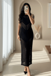 فستان تريكو مخطط بشق من Mercerized - أسود-Elbise-385-3150-R01