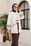 Nakışlı Kolu Lastikli Kemer Detaylı Keten Kimono  -Beyaz