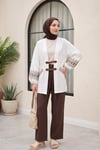 Nakışlı Kolu Lastikli Kemer Detaylı Keten Kimono  -Beyaz