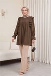 Omuz Fırfırlı Robası Dantel İşlemeli Keten Tunik      -Kahve-Tunik-307-2044-R15