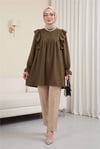 Omuz Fırfırlı Robası Dantel İşlemeli Keten Tunik      -Kahve-Tunik-307-2044-R15
