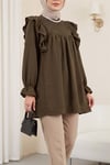 Omuz Fırfırlı Robası Dantel İşlemeli Keten Tunik      -Kahve-Tunik-307-2044-R15