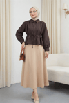 Omuzları Büzgülü Bağcıklı Gömlek Bluz -K. Kahve-Gömlek-432-25189-R54