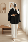 Omuzu Düğmeli Beli Kemerli Kaşe Panço -Siyah-Ceket-349-6070-R01