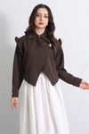 Omuzu Fırfırlı Önü Çapraz Çift Katlı Broş Detaylı Krep Bluz -Kahve-Bluz-307-0070-R15