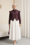 Omuzu Fırfırlı Önü Çapraz Çift Katlı Broş Detaylı Krep Bluz -Mürdüm-Bluz-307-0070-R09
