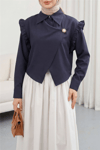 Omuzu Fırfırlı Önü Çapraz Çift Katlı Broş Detaylı Krep Bluz -Laci-Bluz-307-0070-R03
