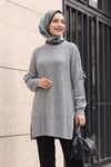 Omuzu Saç Örgülü Salaş Triko Tunik  -Gri