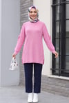 Omuzu Saç Örgülü Salaş Triko Tunik  -Pembe